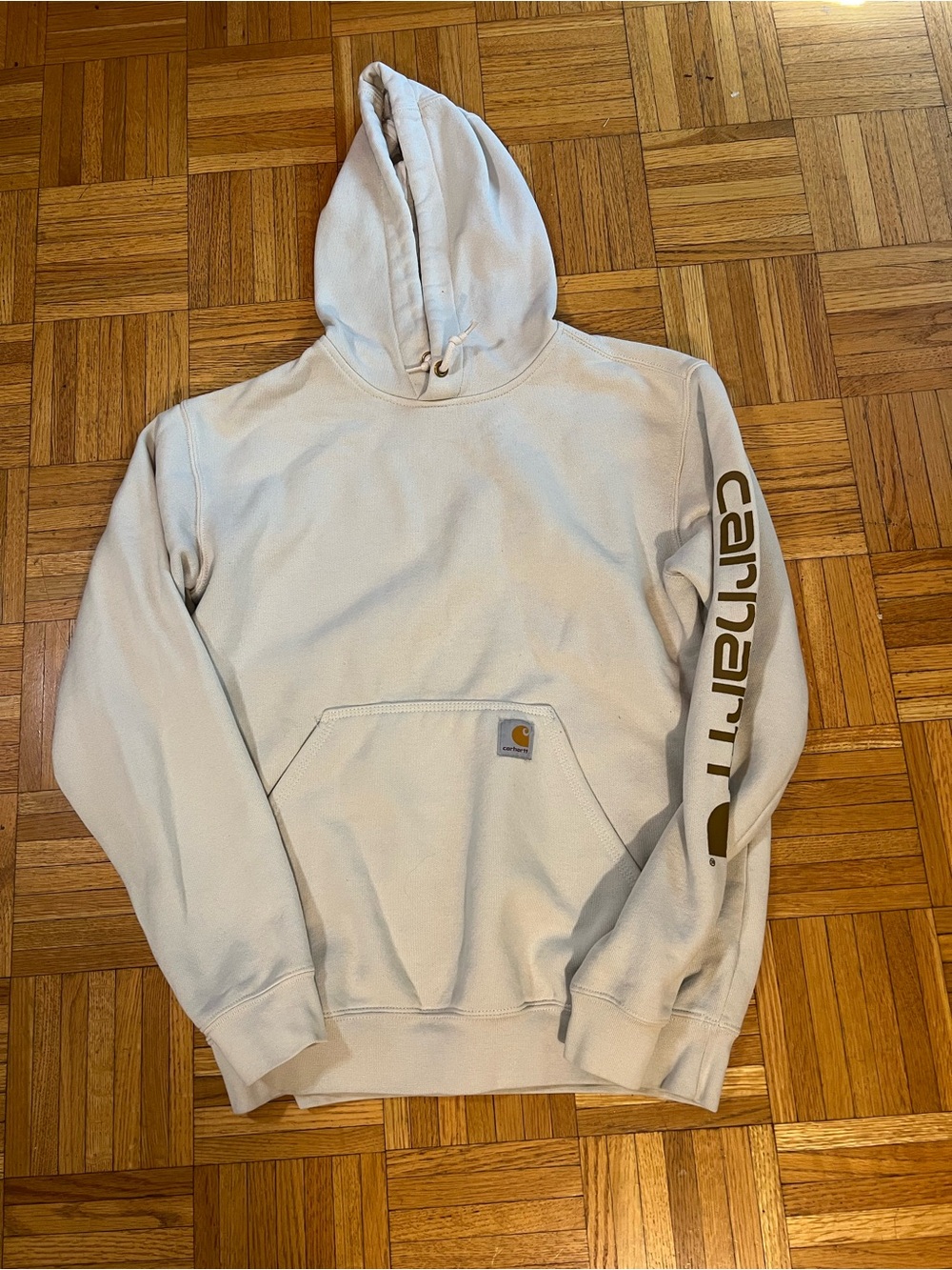Carhartt Hooded Sweatshirt in Light Beige with Sleeve Logo size small